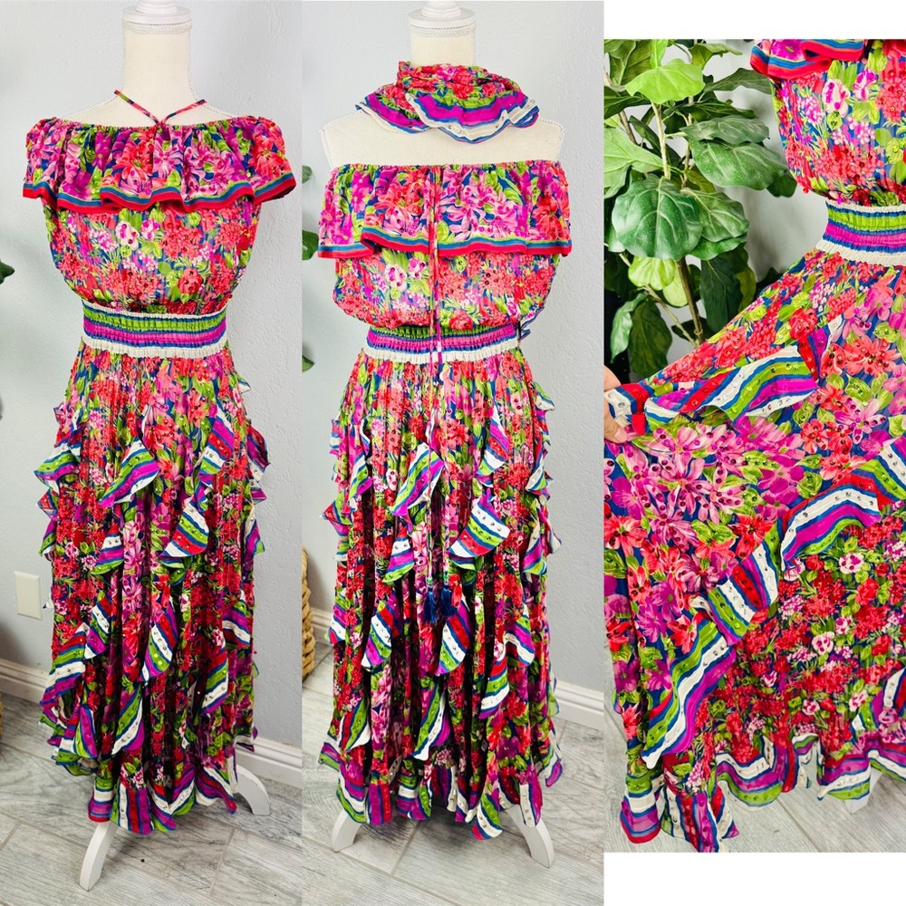 Vintage 80s Diane Freis Sequins Ruffle Floral 
 Colorful Strapless Maxi Dress